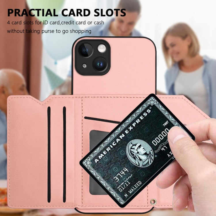 For iPhone 15 Plus Skin Feel Four Card Slots Phone Case with Wrist Strap