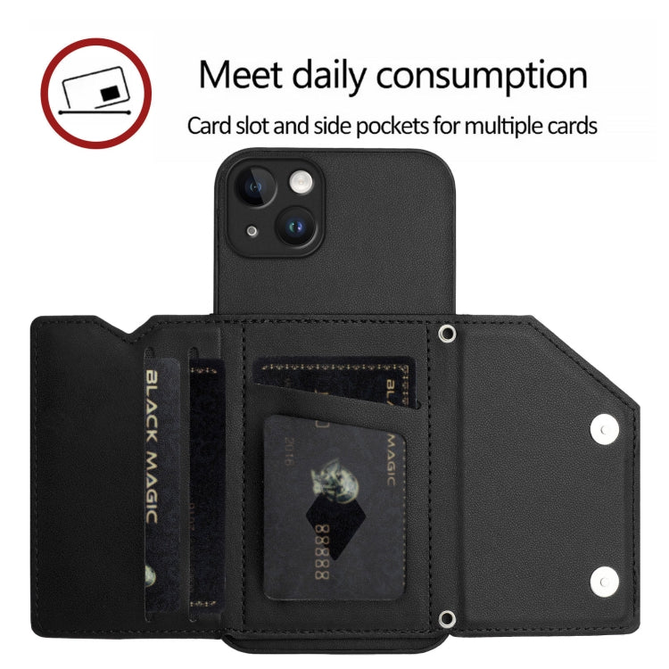 For iPhone 15 Plus Skin Feel Four Card Slots Phone Case with Wrist Strap