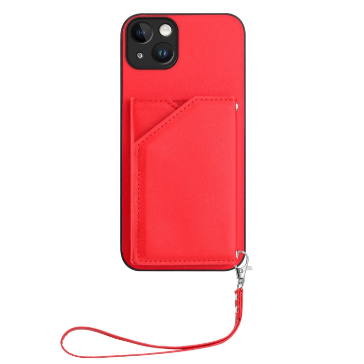For iPhone 15 Plus Skin Feel Four Card Slots Phone Case with Wrist Strap