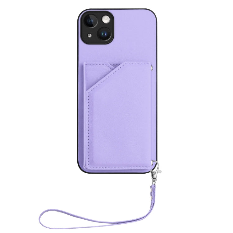 For iPhone 15 Plus Skin Feel Four Card Slots Phone Case with Wrist Strap