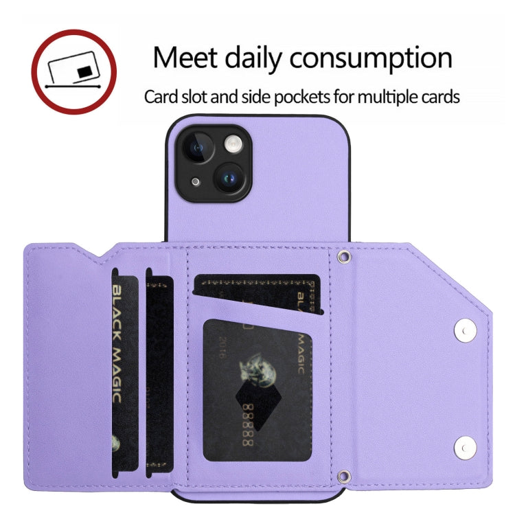 For iPhone 15 Plus Skin Feel Four Card Slots Phone Case with Wrist Strap