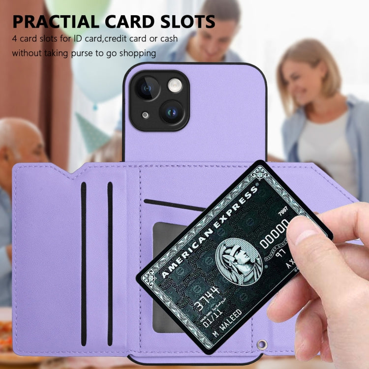 For iPhone 15 Plus Skin Feel Four Card Slots Phone Case with Wrist Strap