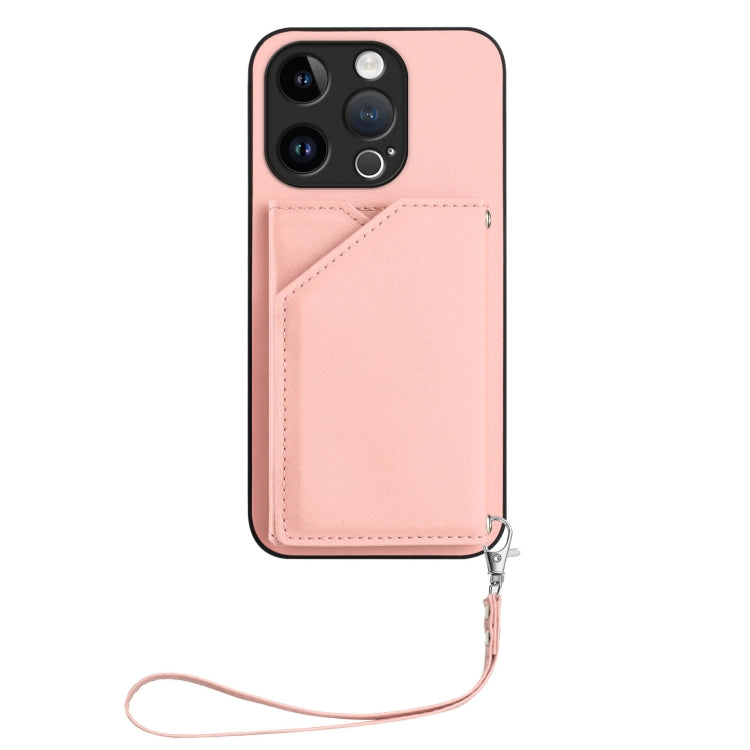For iPhone 15 Pro Skin Feel Four Card Slots Phone Case with Wrist Strap
