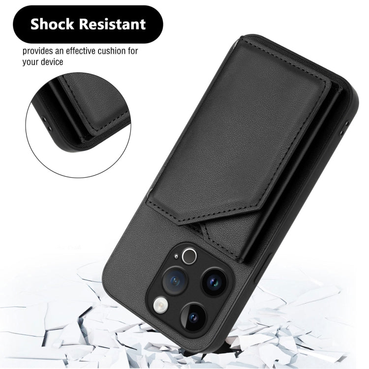 For iPhone 15 Pro Skin Feel Four Card Slots Phone Case with Wrist Strap