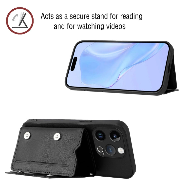For iPhone 15 Pro Skin Feel Four Card Slots Phone Case with Wrist Strap