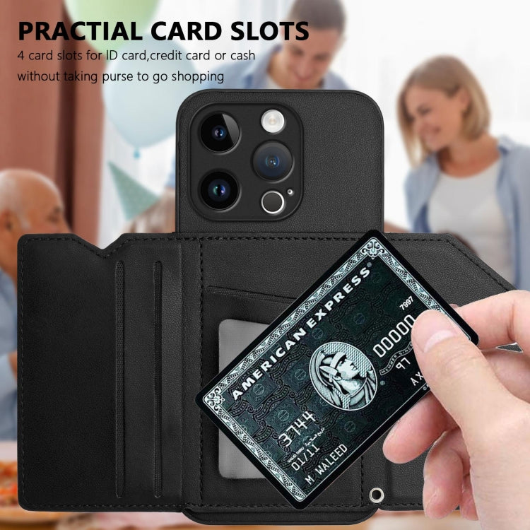 For iPhone 15 Pro Skin Feel Four Card Slots Phone Case with Wrist Strap