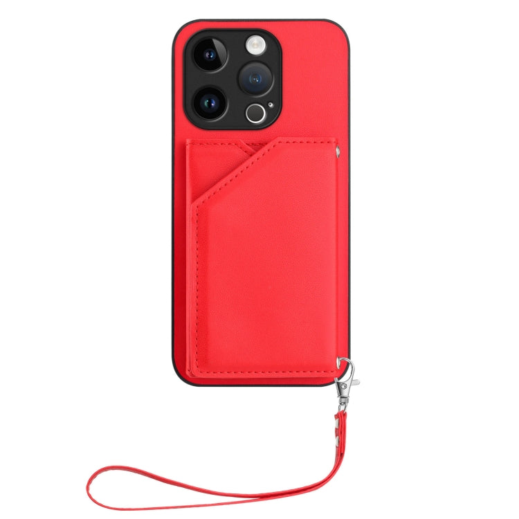 For iPhone 15 Pro Skin Feel Four Card Slots Phone Case with Wrist Strap