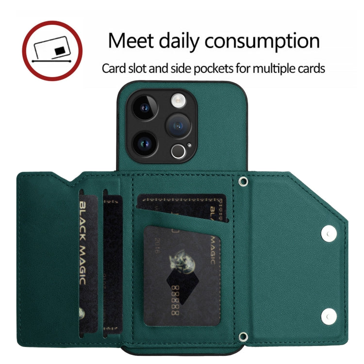 For iPhone 15 Pro Skin Feel Four Card Slots Phone Case with Wrist Strap