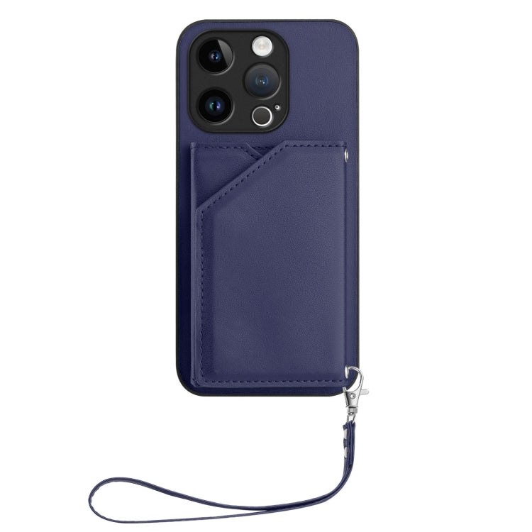 For iPhone 15 Pro Skin Feel Four Card Slots Phone Case with Wrist Strap