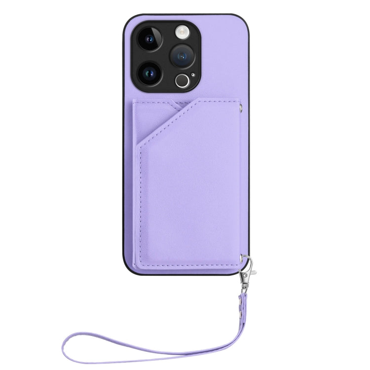 For iPhone 15 Pro Skin Feel Four Card Slots Phone Case with Wrist Strap