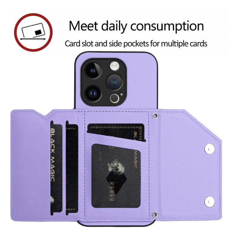 For iPhone 15 Pro Skin Feel Four Card Slots Phone Case with Wrist Strap