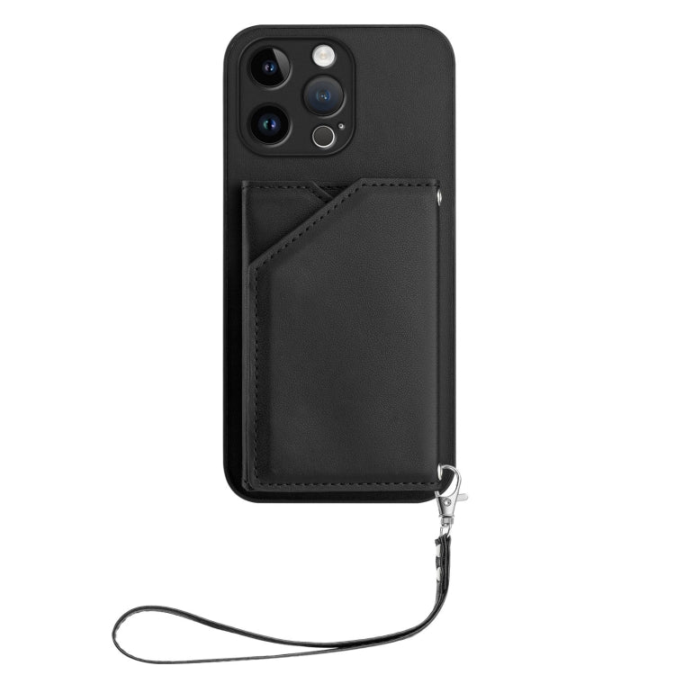 For iPhone 15 Pro Max Skin Feel Four Card Slots Phone Case with Wrist Strap