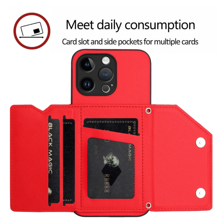 For iPhone 15 Pro Max Skin Feel Four Card Slots Phone Case with Wrist Strap