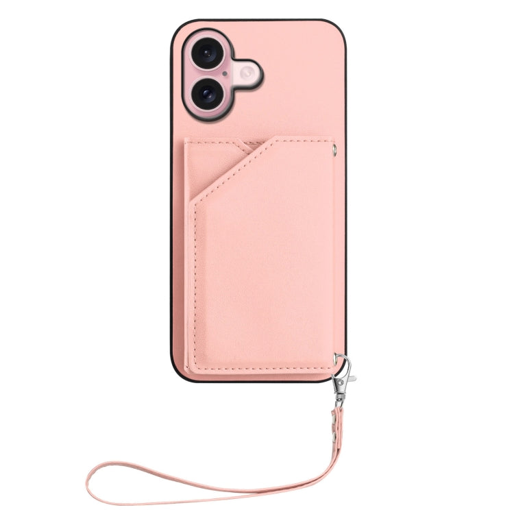 For iPhone 16 Skin Feel Four Card Slots Phone Case with Wrist Strap