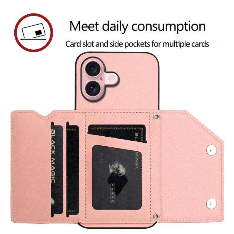 For iPhone 16 Skin Feel Four Card Slots Phone Case with Wrist Strap