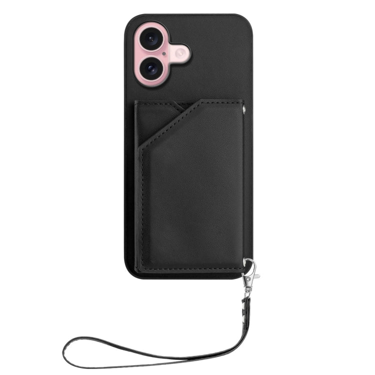 For iPhone 16 Skin Feel Four Card Slots Phone Case with Wrist Strap