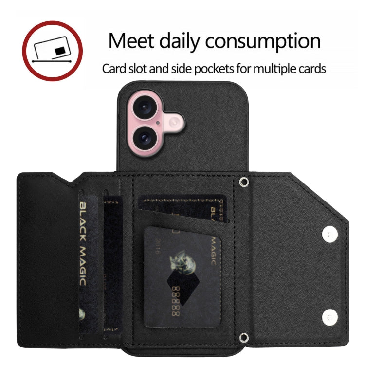 For iPhone 16 Skin Feel Four Card Slots Phone Case with Wrist Strap