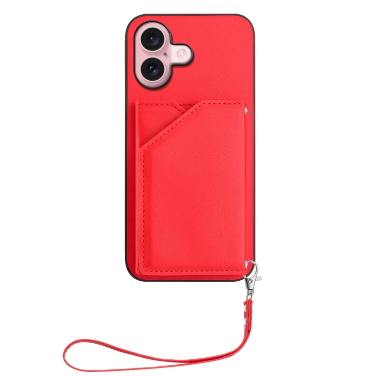 For iPhone 16 Skin Feel Four Card Slots Phone Case with Wrist Strap