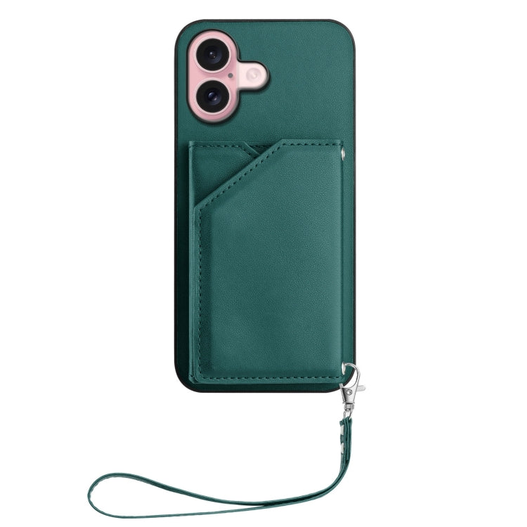 For iPhone 16 Skin Feel Four Card Slots Phone Case with Wrist Strap