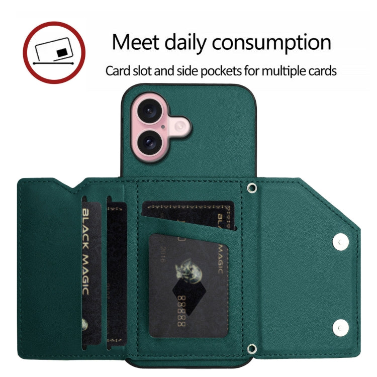 For iPhone 16 Skin Feel Four Card Slots Phone Case with Wrist Strap