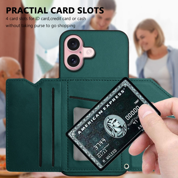 For iPhone 16 Skin Feel Four Card Slots Phone Case with Wrist Strap