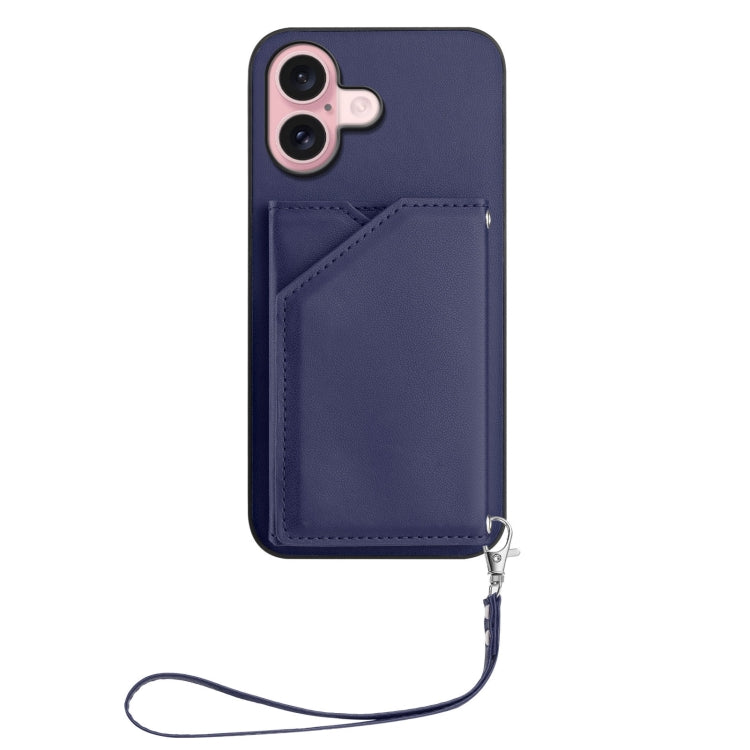 For iPhone 16 Skin Feel Four Card Slots Phone Case with Wrist Strap