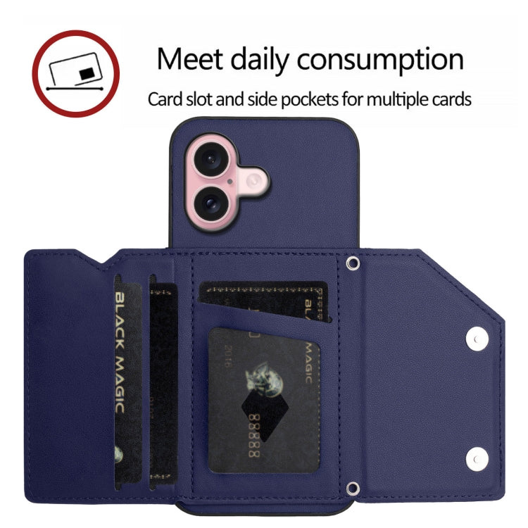 For iPhone 16 Skin Feel Four Card Slots Phone Case with Wrist Strap