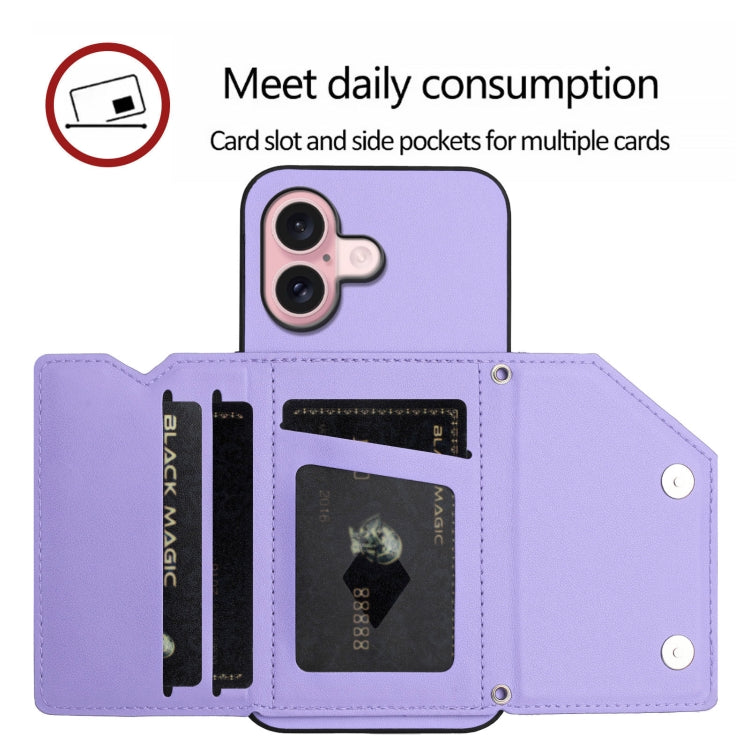 For iPhone 16 Skin Feel Four Card Slots Phone Case with Wrist Strap