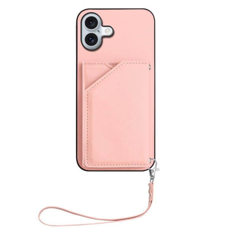 For iPhone 16 Plus Skin Feel Four Card Slots Phone Case with Wrist Strap