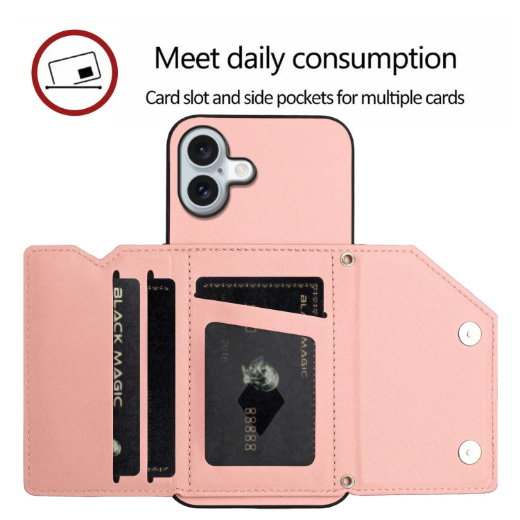 For iPhone 16 Plus Skin Feel Four Card Slots Phone Case with Wrist Strap