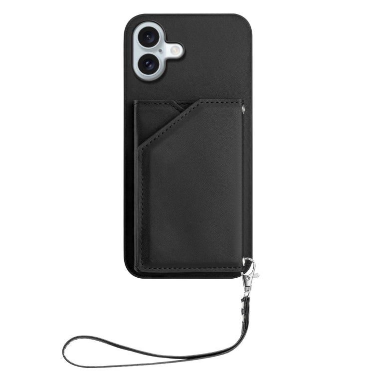 For iPhone 16 Plus Skin Feel Four Card Slots Phone Case with Wrist Strap