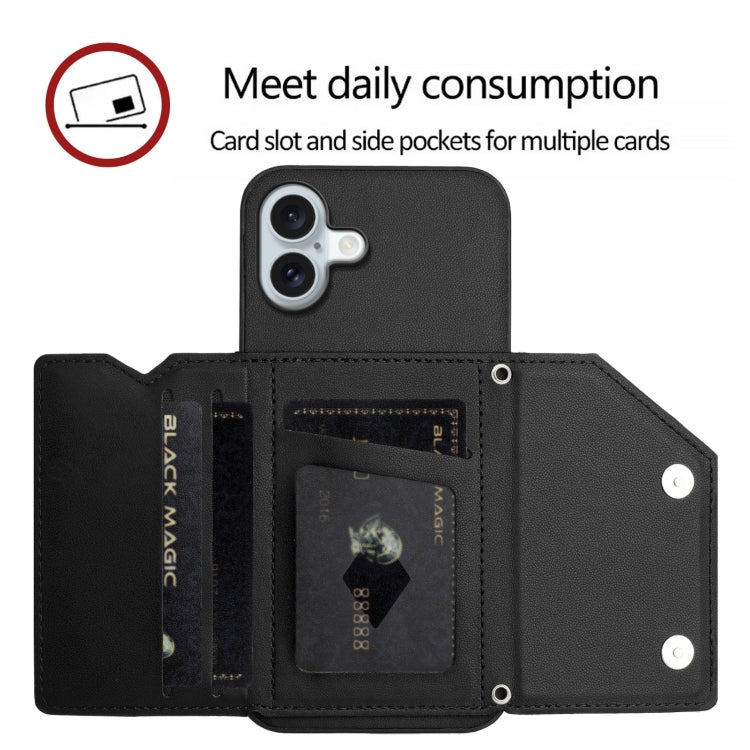 For iPhone 16 Plus Skin Feel Four Card Slots Phone Case with Wrist Strap