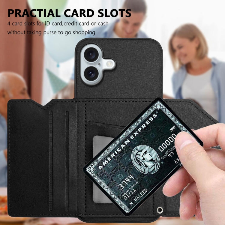 For iPhone 16 Plus Skin Feel Four Card Slots Phone Case with Wrist Strap