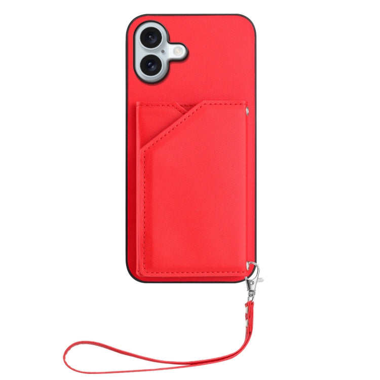 For iPhone 16 Plus Skin Feel Four Card Slots Phone Case with Wrist Strap