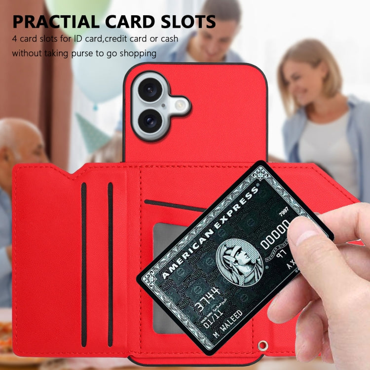 For iPhone 16 Plus Skin Feel Four Card Slots Phone Case with Wrist Strap