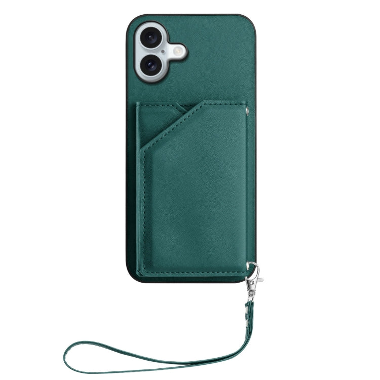 For iPhone 16 Plus Skin Feel Four Card Slots Phone Case with Wrist Strap