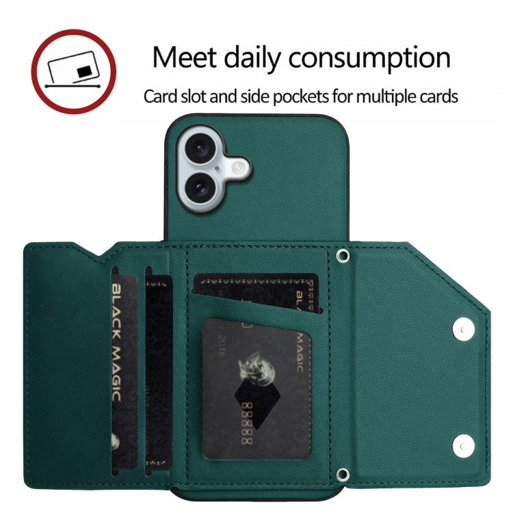 For iPhone 16 Plus Skin Feel Four Card Slots Phone Case with Wrist Strap