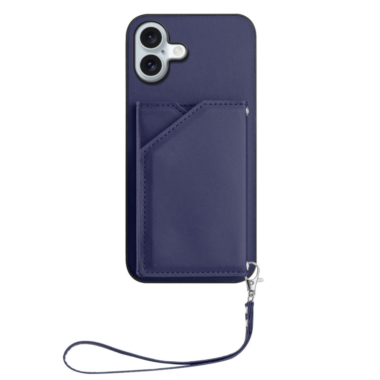 For iPhone 16 Plus Skin Feel Four Card Slots Phone Case with Wrist Strap