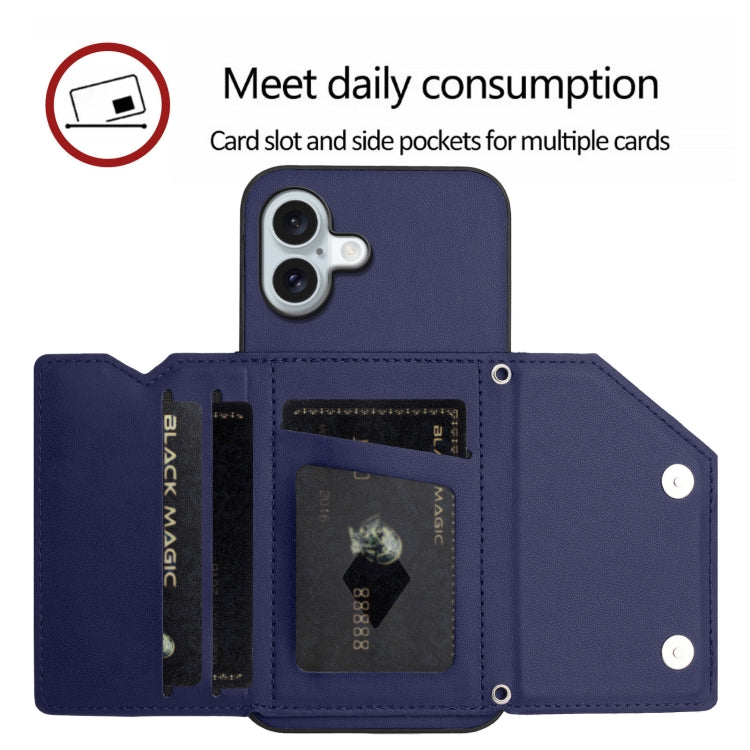 For iPhone 16 Plus Skin Feel Four Card Slots Phone Case with Wrist Strap