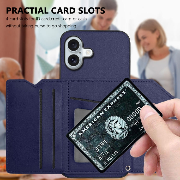 For iPhone 16 Plus Skin Feel Four Card Slots Phone Case with Wrist Strap