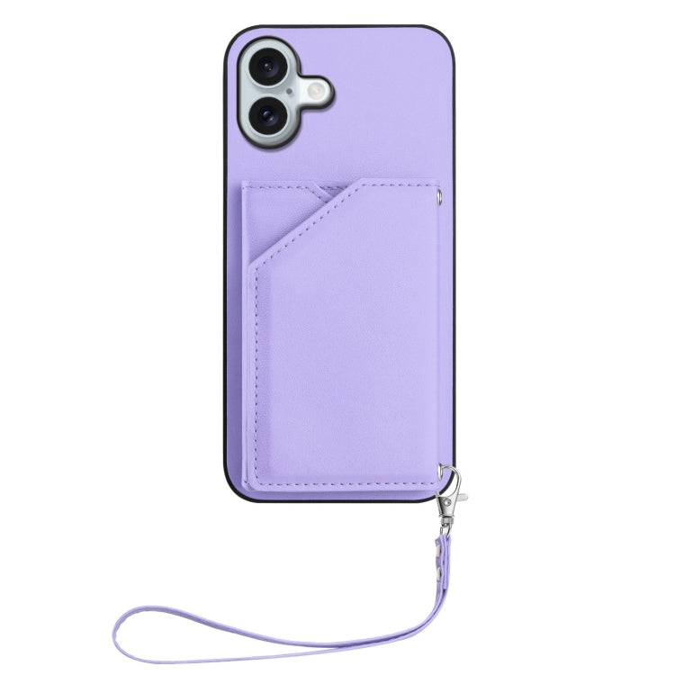 For iPhone 16 Plus Skin Feel Four Card Slots Phone Case with Wrist Strap