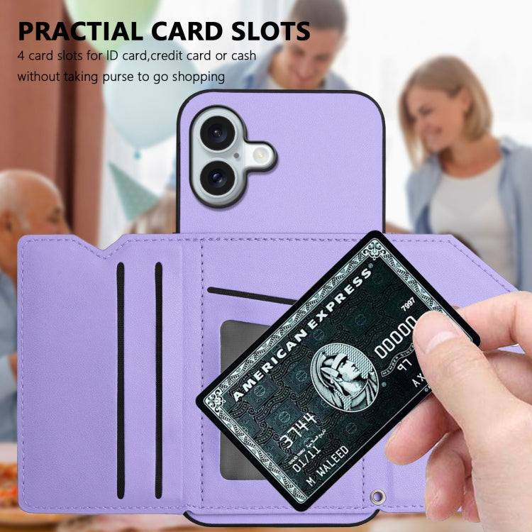 For iPhone 16 Plus Skin Feel Four Card Slots Phone Case with Wrist Strap