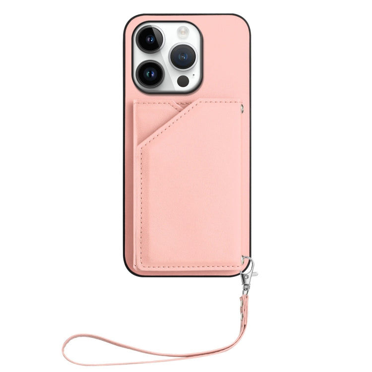 For iPhone 16 Pro Skin Feel Four Card Slots Phone Case with Wrist Strap