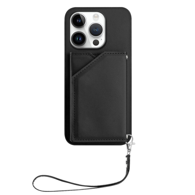 For iPhone 16 Pro Skin Feel Four Card Slots Phone Case with Wrist Strap