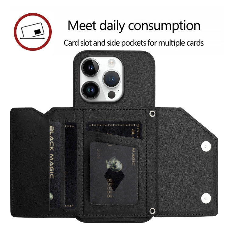 For iPhone 16 Pro Skin Feel Four Card Slots Phone Case with Wrist Strap