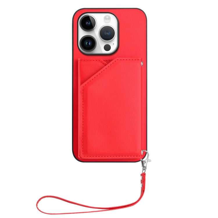For iPhone 16 Pro Skin Feel Four Card Slots Phone Case with Wrist Strap