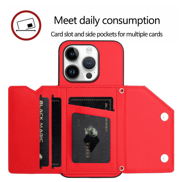For iPhone 16 Pro Skin Feel Four Card Slots Phone Case with Wrist Strap