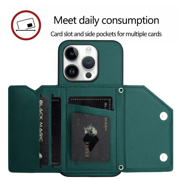 For iPhone 16 Pro Skin Feel Four Card Slots Phone Case with Wrist Strap