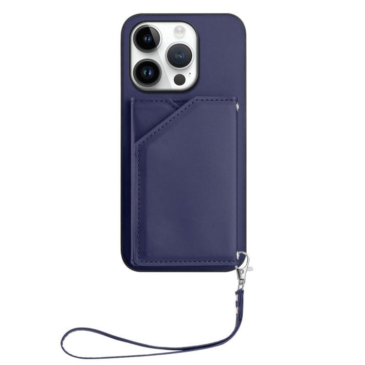 For iPhone 16 Pro Skin Feel Four Card Slots Phone Case with Wrist Strap