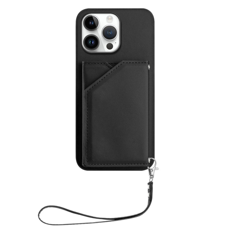 For iPhone 16 Pro Max Skin Feel Four Card Slots Phone Case with Wrist Strap